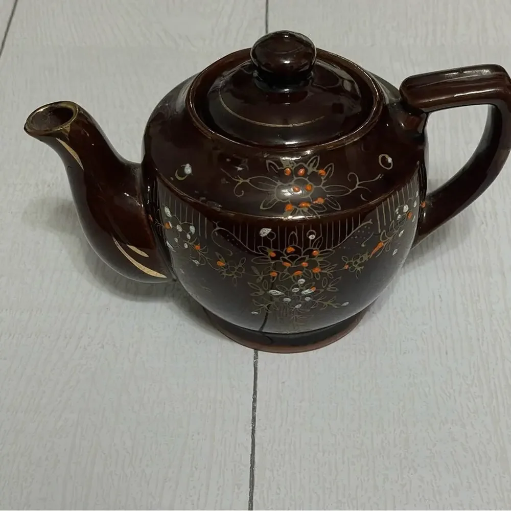 Vintage Hand Painted Japan Brown Floral Ceramic Teapot